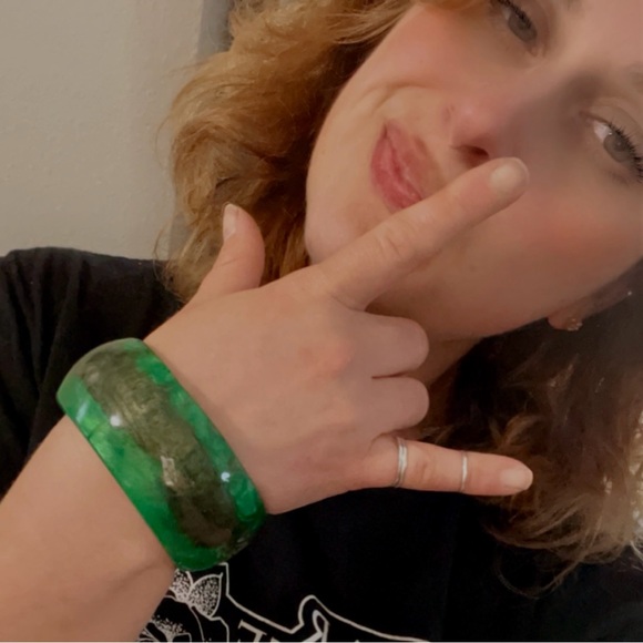 Luscious Dark Jungle Green Swirled Golden Black Wide Bangle Bracelet Handcrafted - Picture 2 of 11